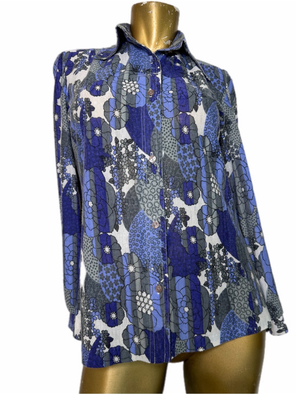 Vintage 1970s Graphic Floral Print Dagger Collar Button Front Top 39” bust
